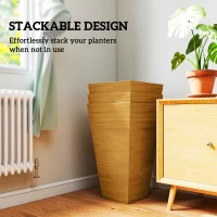 Outsunny Set of 3 Tall Planters, 28" Outdoor Planter w/ Drainage Holes, Faux Wood Plastic Flower Pots, Light Brown(m-7)