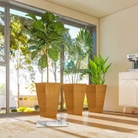 Outsunny Set of 3 Tall Planters, 28" Outdoor Planter w/ Drainage Holes, Faux Wood Plastic Flower Pots, Light Brown(m-8)