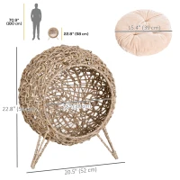 PawHut Rattan Cat House with Cushion, Elevated Wicker Kitten Bed for Indoor Cats, Natural Wood(m-3)