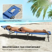 Outsunny Adjustable Outdoor Lounge Chair, Garden Folding Chaise Lounge with Face Hole Reclining Tanning Chair Seat, Folding Camping Beach Lounging Bed w/ Support Pillow, Blue(m-7)
