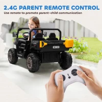 Aosom 12V Ride on Car with Electric Bucket, Two-Seater, Shovel, Remote Control, Spring Suspension, Horn, Music, Black(m-4)