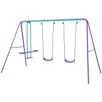 Outsunny 3 in 1 Metal Swing Set with Double Swings, Glider for Backyard, Outdoor, Playground, Purple(m-2)