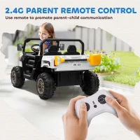 Aosom 12V Ride on Car with Electric Bucket, Two-Seater, Shovel, Remote Control, Spring Suspension, Horn, Music, White(m-4)