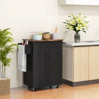 HOMCOM Modern Rolling Kitchen Island Cart with Drawer, Natural Wood Top, Towel Rack, Door Storage Cabinet, Distressed Black(m-10)