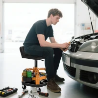 HOMCOM Rolling Creeper Garage Stool, 300 LBS Capacity Mechanic Stool with 360° Wheels, Tool Tray, Adjustable Height, Yellow(m-2)