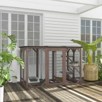 PawHut Outdoor Cat House, Catio Wooden Feral Cat Shelter, Cat Cage with Platforms, Large Enter Door, Weather Protection Asphalt Roof, 71" L, Brown(m-2)