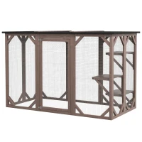 PawHut Outdoor Cat House, Catio Wooden Feral Cat Shelter, Cat Cage with Platforms, Large Enter Door, Weather Protection Asphalt Roof, 71" L, Brown(m-11)
