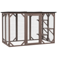 PawHut Outdoor Cat House, Catio Wooden Feral Cat Shelter, Cat Cage with Platforms, Large Enter Door, Weather Protection Asphalt Roof, 71" L, Brown