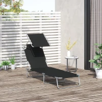 Outsunny Outdoor Lounge Chair, Adjustable Folding Chaise Lounge, Tanning Chair with Sun Shade for Beach, Camping, Hiking, Backyard, Black(m-1)