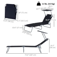 Outsunny Outdoor Lounge Chair, Adjustable Folding Chaise Lounge, Tanning Chair with Sun Shade for Beach, Camping, Hiking, Backyard, Black(m-3)