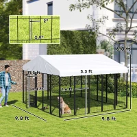 PawHut Welded Wire Outdoor Dog Kennel with 360° Rotating & 4 Levels Adjustable Bowls, Waterproof Cover, 9.8' x 9.8' x 6.8'(m-3)