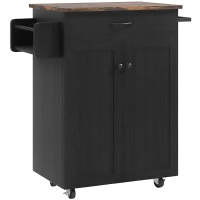 HOMCOM Modern Rolling Kitchen Island Cart with Drawer, Natural Wood Top, Towel Rack, Door Storage Cabinet, Distressed Black(m-11)