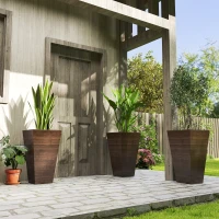 Outsunny Set of 3 Tall Planters, 28" Outdoor Planter w/ Drainage Holes, Faux Wood Plastic Flower Pots, Brown(m-10)