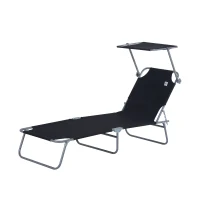 Outsunny Outdoor Lounge Chair, Adjustable Folding Chaise Lounge, Tanning Chair with Sun Shade for Beach, Camping, Hiking, Backyard, Black(m-11)