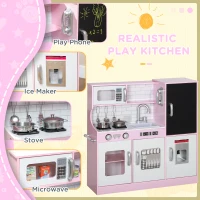 Qaba Pretend Play Kitchen, Kids Kitchen Playset with Play Phone, Chalkboard, Towel Rack & Ice Maker for 3-8 Years Pink(m-5)