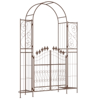 Outsunny 7' Metal Garden Arbor, Garden Arch with Gate, Fleur De Lis Motif, Latching Doors, Planter Shelves for Climbing Vines, Ceremony, Weddings, Party, Garden, Backyard, Lawn, Brown