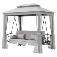 Outsunny 3 Person Outdoor Patio Daybed, 3 in 1 Canopy Gazebo Swing Chair Garden Hammock with Mesh Mosquito and Sun Shade, Grey(m-2)