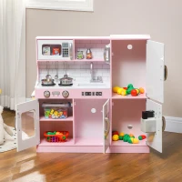 Qaba Pretend Play Kitchen, Kids Kitchen Playset with Play Phone, Chalkboard, Towel Rack & Ice Maker for 3-8 Years Pink(m-9)