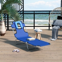 Outsunny Folding Lounge Chair Outdoor, Tanning Chair with Face Hole Arm Slots, Beach Chaise Lounger with Pillow, 5-Position Adjustable Portable Sun Lounger Bed for Pool, Blue