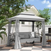 Outsunny 3 Person Outdoor Patio Daybed, 3 in 1 Canopy Gazebo Swing Chair Garden Hammock with Mesh Mosquito and Sun Shade, Grey(m-8)