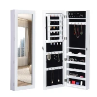 HOMCOM White Mirrored Jewellery Cabinet Hanging Wall Mount Real Glass Mirror Locked, White(m-2)