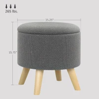 HOMCOM Round Ottoman Stool with Storage, Linen Upholstered Foot Stool with Padded Seat, Hidden Space and Wood Legs, Gray(m-3)