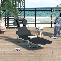 Outsunny Outdoor Lounge Chair, Adjustable Folding Chaise Lounge with Face Cavity, Tanning Chair Sun Lounger Bed Recliner, Black(m-8)