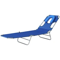 Outsunny Outdoor Lounge Chair, Adjustable Folding Chaise Lounge with Face Cavity, Tanning Chair Sun Lounger Bed Recliner, Blue(m-11)