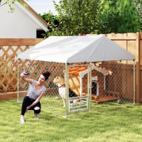 PawHut Outdoor Dog Run w/ Adjustable & Rotating Bowls, Waterproof UV-Resistant Cover, Secure Lock, 6.6' x 6.6' x 5.1'(m-8)