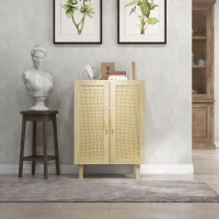 HOMCOM Boho Kitchen Cabinet, Buffet Cabinet with 2 Rattan Doors and Adjustable Shelves for Dining Room, Natural(m-8)