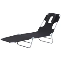 Outsunny Outdoor Lounge Chair, Adjustable Folding Chaise Lounge with Face Cavity, Tanning Chair Sun Lounger Bed Recliner, Black(m-11)