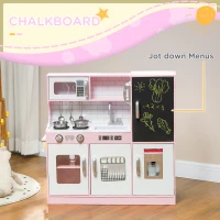 Qaba Pretend Play Kitchen, Kids Kitchen Playset with Play Phone, Chalkboard, Towel Rack & Ice Maker for 3-8 Years Pink(m-4)