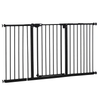 PawHut 29"-58" Wide Pet Gate with Door Dog Gate and Barrier Indoor for Stairs Includes 7", 8", 12" Extensions Kit, 30 Inch Tall Pressure-Mounted Safety Gate, Black(m-2)