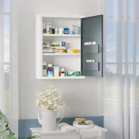 kleankin Bathroom Medicine Cabinet with Shelves Inside & On Door, Locking Medical Cabinet for Child & Pet Safety, First Aid Bathroom Wall Cabinet, White and Gray(m-10)