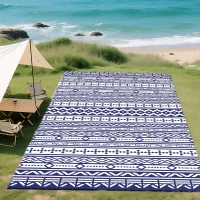 Outsunny Reversible Outdoor Rug, Waterproof Plastic Straw with Carry Bag, 9' x 18', Blue & White Geometric Wall(m-11)