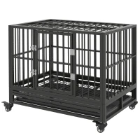 PawHut 36" Heavy Duty Steel Dog Crate Kennel Pet Cage with Wheels for Convenient Access Anti-Pinching Floor, Grey(m-2)