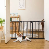 PawHut 29"-58" Wide Pet Gate with Door Dog Gate and Barrier Indoor for Stairs Includes 7", 8", 12" Extensions Kit, 30 Inch Tall Pressure-Mounted Safety Gate, Black(m-10)