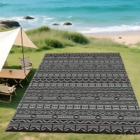 Outsunny Reversible Outdoor Rug, Waterproof Plastic Straw with Carry Bag, 9' x 18', Black & Gray Geometric Wall(m-11)