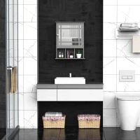 kleankin Bathroom Medicine Cabinet with Mirror, Wall Mounted Mirror Cabinet with Door and Storage Shelves, Gray(m-10)