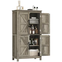 HOMCOM Bathroom Floor Storage Cabinet, Farmhouse Bathroom Cabinet with 4 Doors and Adjustable Shelf, Light Gray(m-11)