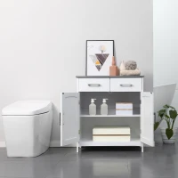 kleankin Bathroom Floor Cabinet, Freestanding Linen Cabinet, Storage Cabinet with 2 Drawers, Double Doors, Adjustable Shelf, White(m-10)