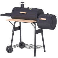 Outsunny 49" Charcoal BBQ Grill with Offset Smoker Portable Backyard Cooking Smoker Outdoor Camp Picnic Barbecue Cooker with Thermometer Wheels and Storage Shelves(m-11)