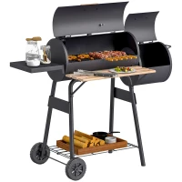 Outsunny 49" Charcoal BBQ Grill with Offset Smoker Portable Backyard Cooking Smoker Outdoor Camp Picnic Barbecue Cooker with Thermometer Wheels and Storage Shelves(m-2)