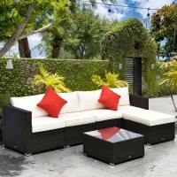 Outsunny 6 Pieces Outdoor PE Rattan Wicker Patio Furniture Sofa Set with Thick Cushions, Deluxe Garden Sectional Couch with Glass Top Table, Dark Coffee and Cream White(m-1)