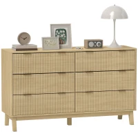 HOMCOM 6 Drawer Double Dresser for Bedroom, Fluted Chest of Drawers with Gold Finger Pulls and 5 Wood Legs, Natural Wood(m-11)