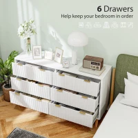 HOMCOM 6 Drawer Double Dresser for Bedroom, Fluted Chest of Drawers with Gold Finger Pulls and 5 Wood Legs, White(m-4)