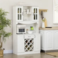 HOMCOM Kitchen Pantry Cabinet, with Hutch, Utility Drawer, 4 Door Cabinets and 6-Bottle Wine Rack, White(m-1)