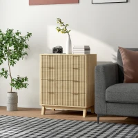 HOMCOM 4 Drawer Double Dresser for Bedroom, Fluted Chest of Drawers with Gold Finger Pulls and 4 Wood Legs, Natural Wood(m-10)