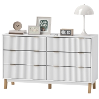 HOMCOM 6 Drawer Double Dresser for Bedroom, Fluted Chest of Drawers with Gold Finger Pulls and 5 Wood Legs, White