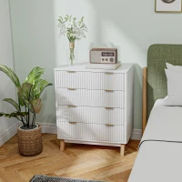 HOMCOM 4 Drawer Double Dresser for Bedroom, Fluted Chest of Drawers with Gold Finger Pulls and 4 Wood Legs, White(m-2)